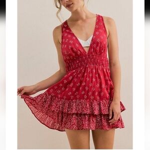 Free People Intimately Red Cotton Dress Or Shirt White Floral Pattern M Or S